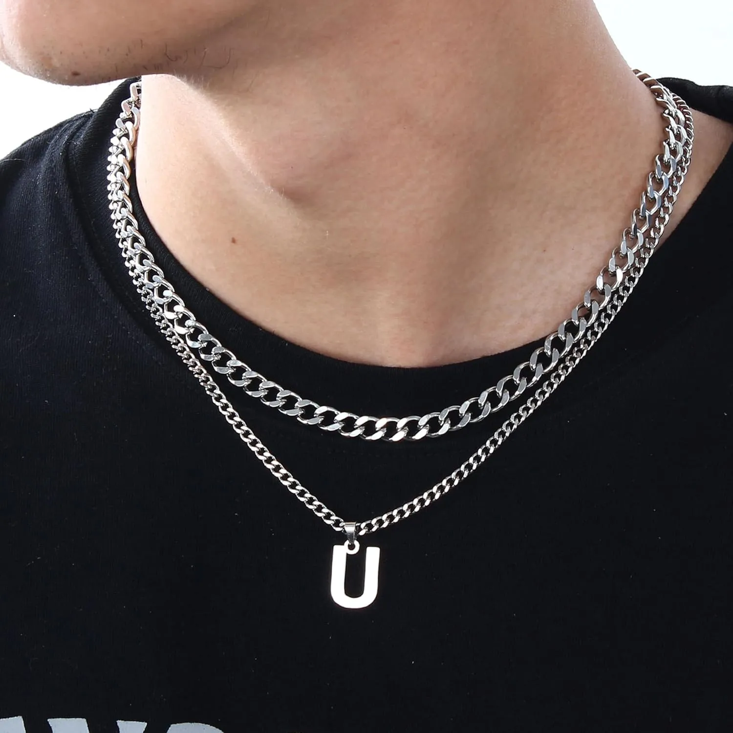 Valentines Day Gifts Layered Initial Necklaces for Men 316l Stainless Steel Cuban Link Chain Alphabet Letter Pendant Necklace Gifts for Men Boys Boyfriend Brother Jewelry