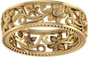 Victorian Leaf Filigree Small Stone Vintage-Style Wide Band with Filigree Design Rope Edge Detail High Polish Tarnish Resistant Comfort Fit Floral Ring