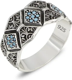 Victorian Style Mens Vintage Ring, Handmade Turquoise Stone Wedding Ring, 925 Sterling Silver Ring for Men, Engagement Ring, Silver Wedding Band for Men, Vintage Promise Band, Men Wedding Bands, Gift for Men