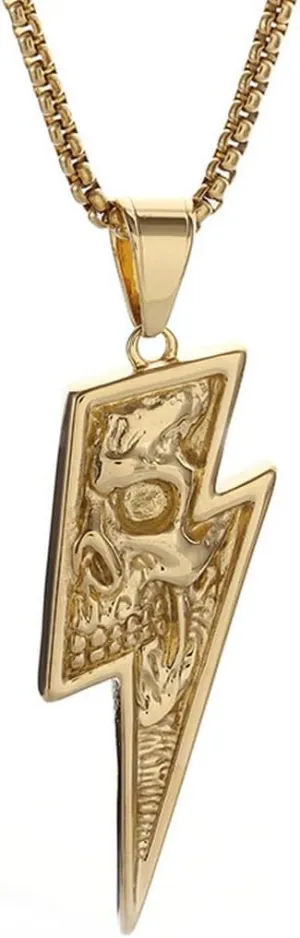 Vintage Carved Skull Lightning Bolt Cool Punk Pendant Necklace for Men,18K Gold Plated/Silver Stainless Steel Lightning Skeleton Flash Charm Necklace Anime Biker Goth Grunge Jewelry