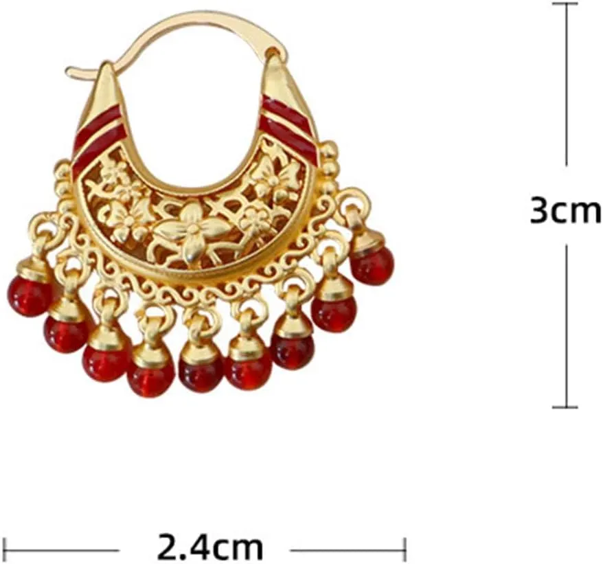 Vintage Chinese Style Chandelier Hoop Earrings with Blue/Red Agate Beads and Pearl Tassels - 18K Gold Plated Brass - Women's Bohemian Jewelry
