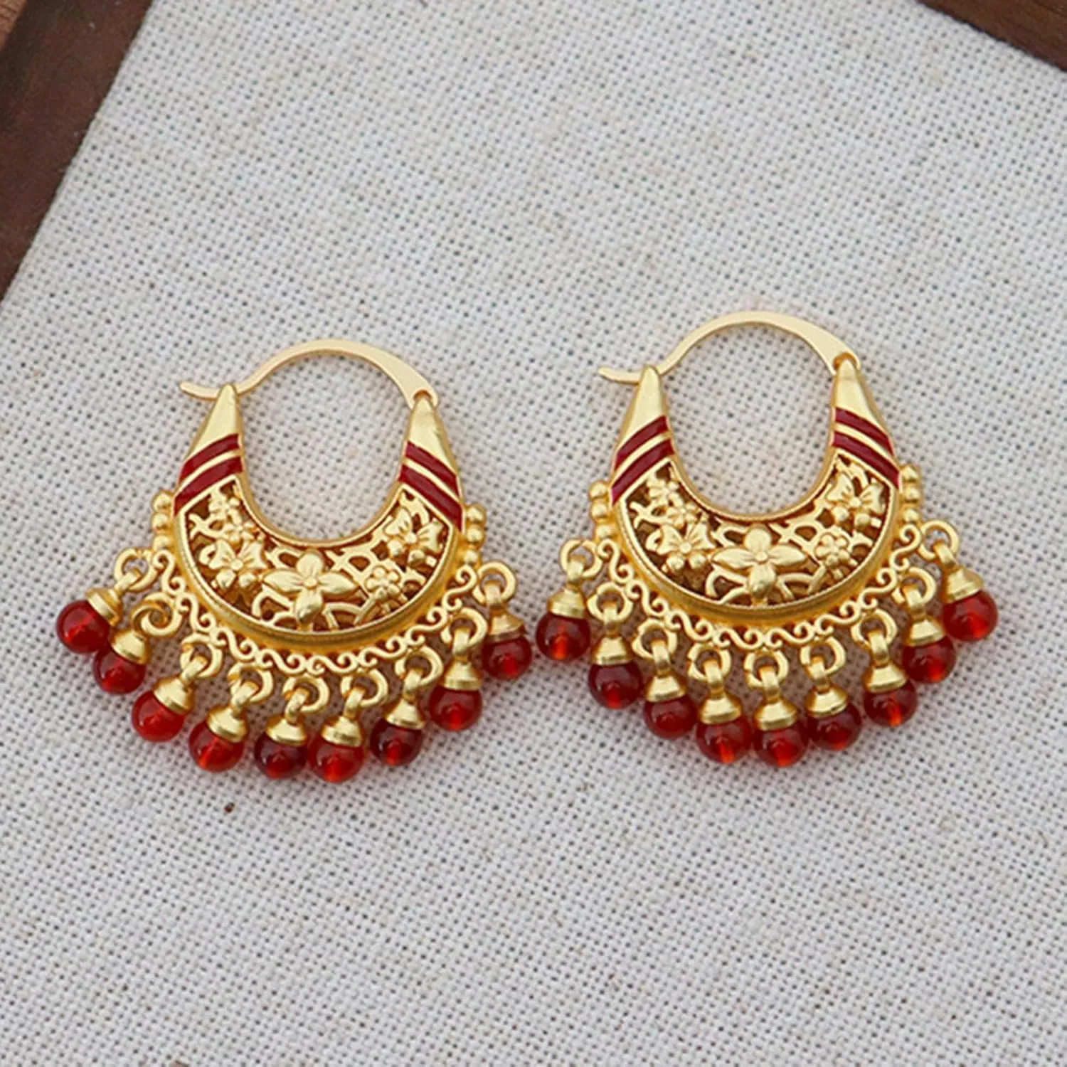 Vintage Chinese Style Chandelier Hoop Earrings with Blue/Red Agate Beads and Pearl Tassels - 18K Gold Plated Brass - Women's Bohemian Jewelry