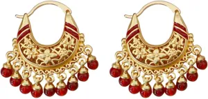 Vintage Chinese Style Chandelier Hoop Earrings with Blue/Red Agate Beads and Pearl Tassels - 18K Gold Plated Brass - Women's Bohemian Jewelry
