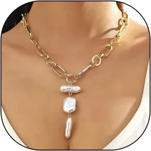 Vintage Gold Baroque Pearl Choker Necklace for Women,Chunky Geometric Irregular Pearl Pendant Chain Link Y Necklace,Trendy Statement Jewelry Gifts