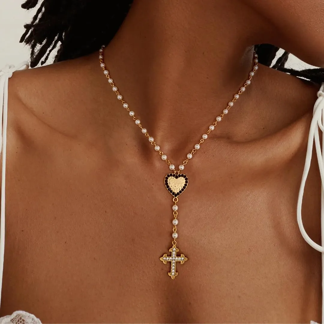 Vintage Heart Necklaces For Women Bead Rosary Necklace With Heart And Cross Charm Y Shaped Necklace