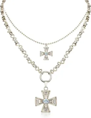 Vintage Layered Cross Necklace Chunky bold statement Thick Chain Cross Pendant Necklace for Women Jewelry Gift.