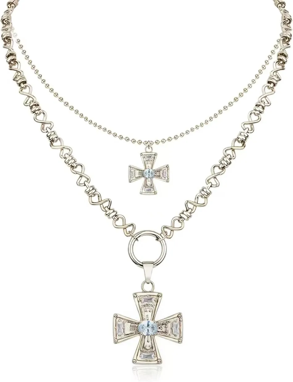 Vintage Layered Cross Necklace Chunky bold statement Thick Chain Cross Pendant Necklace for Women Jewelry Gift.