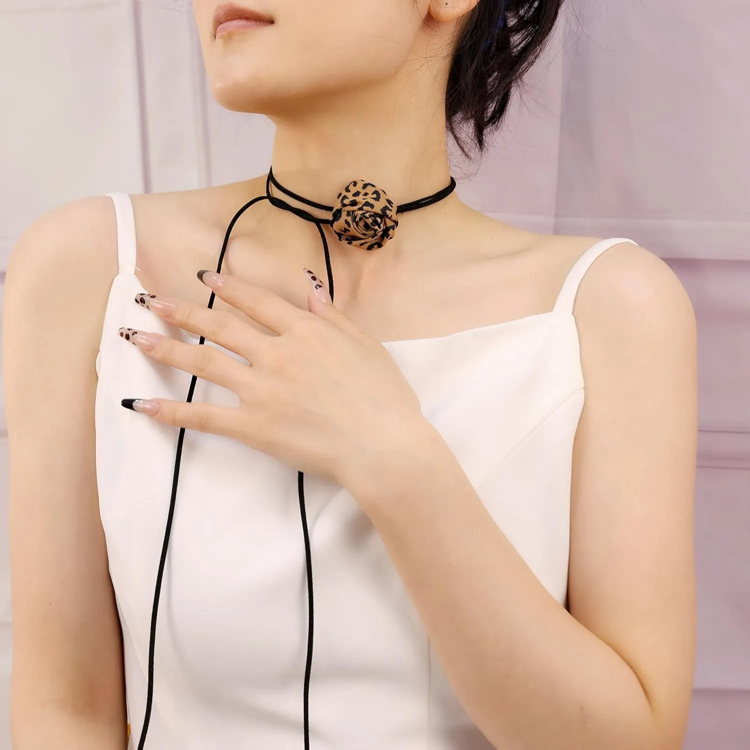 Vintage Leopard Print Rose Floral Choker Necklace Layered Suede Velvet Y Necklace Long Tassel Wrap Necklace with Artificial Flower for Women
