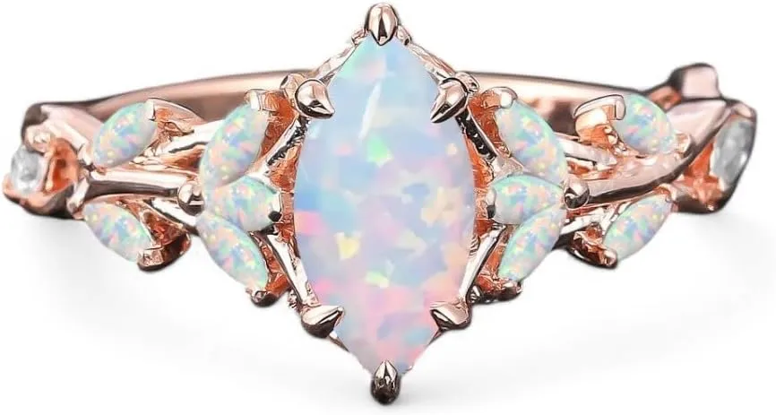 Vintage Marquise Cut Fire Opal Engagement Ring Rose Gold Nature-Inspired Cluster Art Deco Leaf Design Promise Ring Unique Handcrafted Women's Jewelry Gift for Valentine Birthday Gift