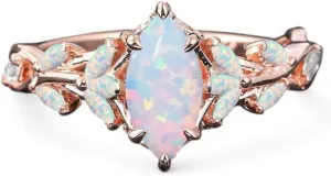 Vintage Marquise Cut Fire Opal Engagement Ring Rose Gold Nature-Inspired Cluster Art Deco Leaf Design Promise Ring Unique Handcrafted Women's Jewelry Gift for Valentine Birthday Gift