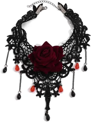 Vintage Rose Flower Choker Necklace Vampire Lace Waterdrop Tassel Pendant Adjustable Link Chain Punk Gothic Collarbone Chains Jewelry for Women Halloween Easter