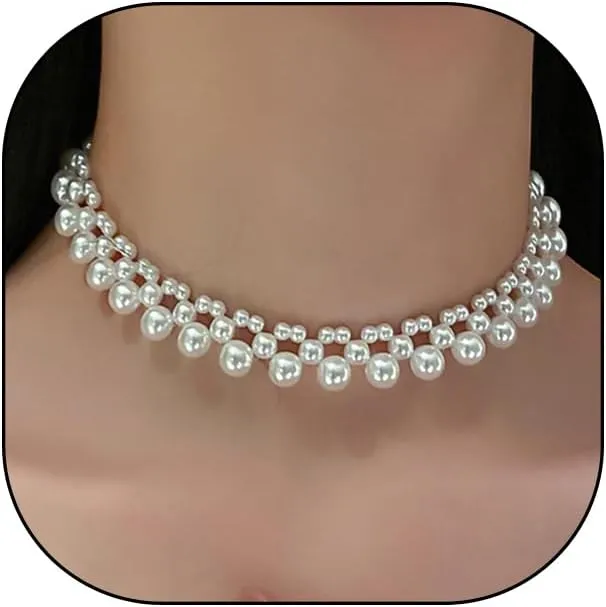 Vintage Simple Pearl Choker Necklace for Bridal Bridesmaid,Designed Layered Misplaced Pearl Beaded Collarbone Necklace for Women