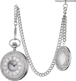 Vintage-Style Pocket Watch Chain with Ornate Medal and Pocket Watch  12 Inch T-Bar Chain for Waistcoats, Costumes & Gifts