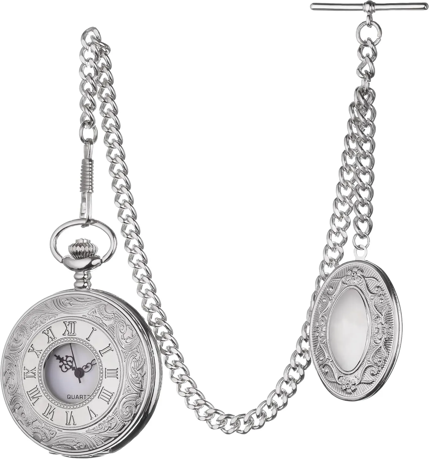 Vintage-Style Pocket Watch Chain with Ornate Medal and Pocket Watch  12 Inch T-Bar Chain for Waistcoats, Costumes & Gifts