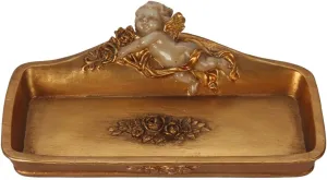 Vintage Tray Antique Trinket Dish, Small Rectangular, Ring Holder With Cherub and Floral Design,Jewelry Or Cosmetics Makeup Storage Organizer,Gift,Aesthetic Room Decor (Ivory and Gold-Cherub)