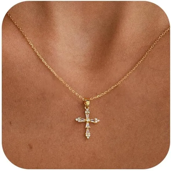 VIROMY Gold Cross Necklace for Women Dainty Diamond Cross Pendant Necklaces Non Tarnish Waterproof Necklace Simple Choker Minimalist Jewelry