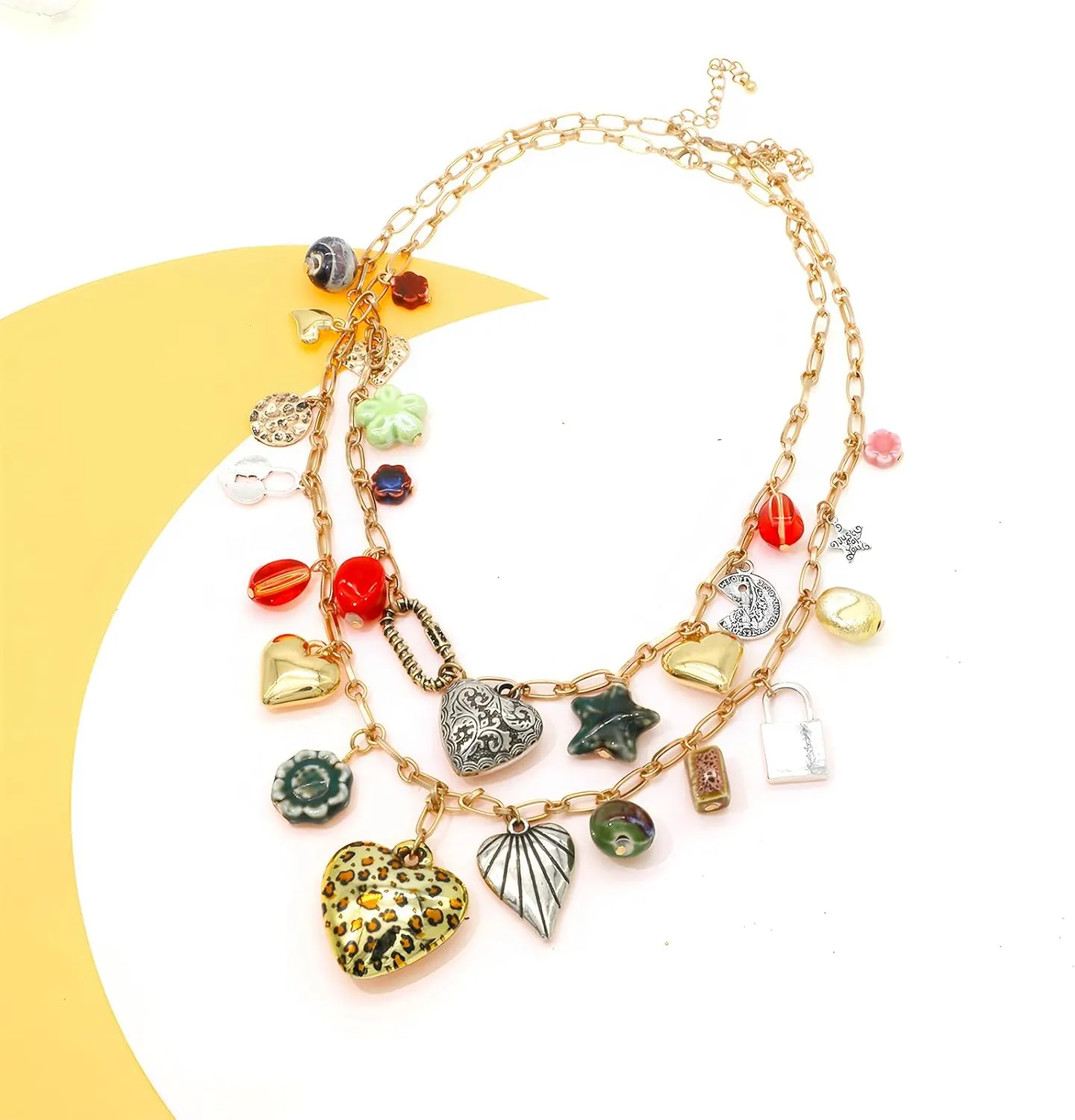 We We Chunky Antique Heart Charm Necklace for women Vintage Sun Stars Hearts Sea shell Starfish Beachy Boho Layers Charms Necklaces