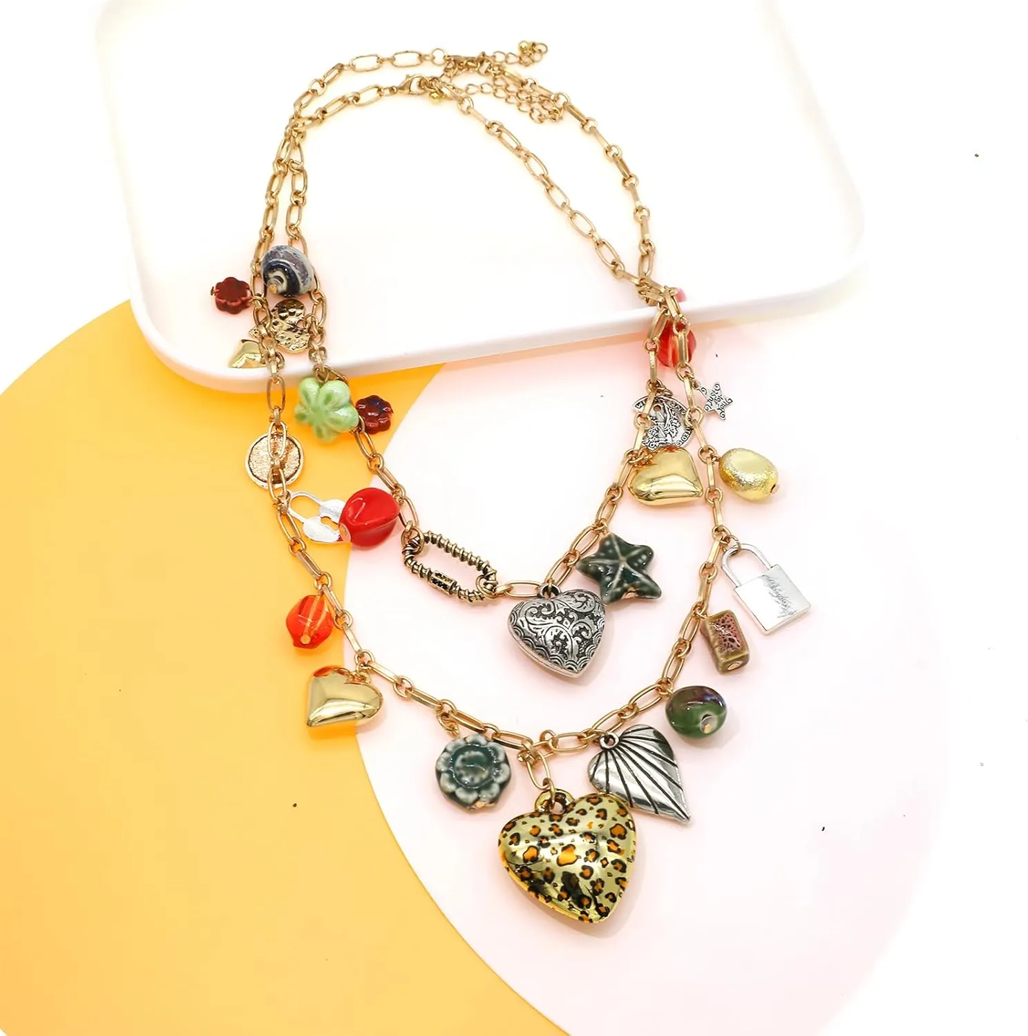 We We Chunky Antique Heart Charm Necklace for women Vintage Sun Stars Hearts Sea shell Starfish Beachy Boho Layers Charms Necklaces