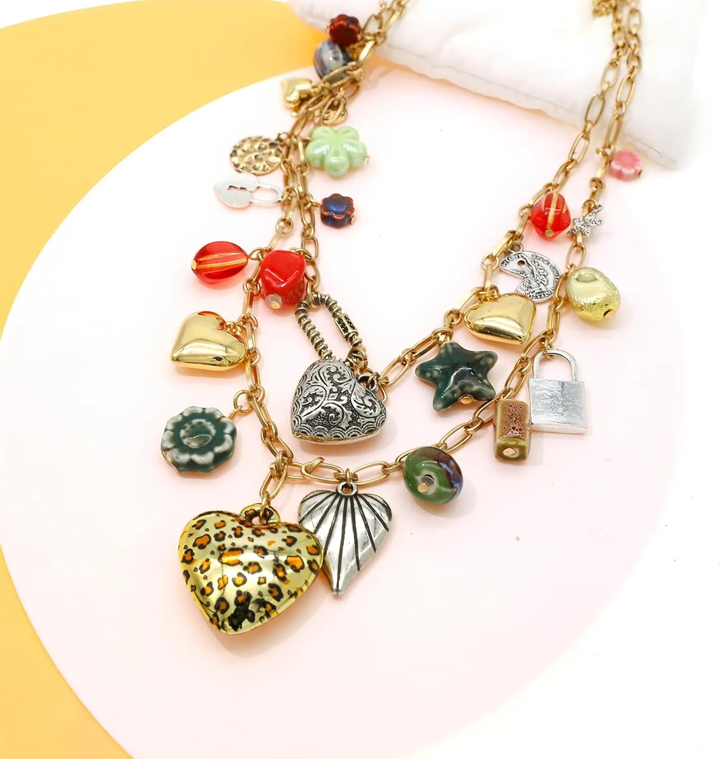 We We Chunky Antique Heart Charm Necklace for women Vintage Sun Stars Hearts Sea shell Starfish Beachy Boho Layers Charms Necklaces