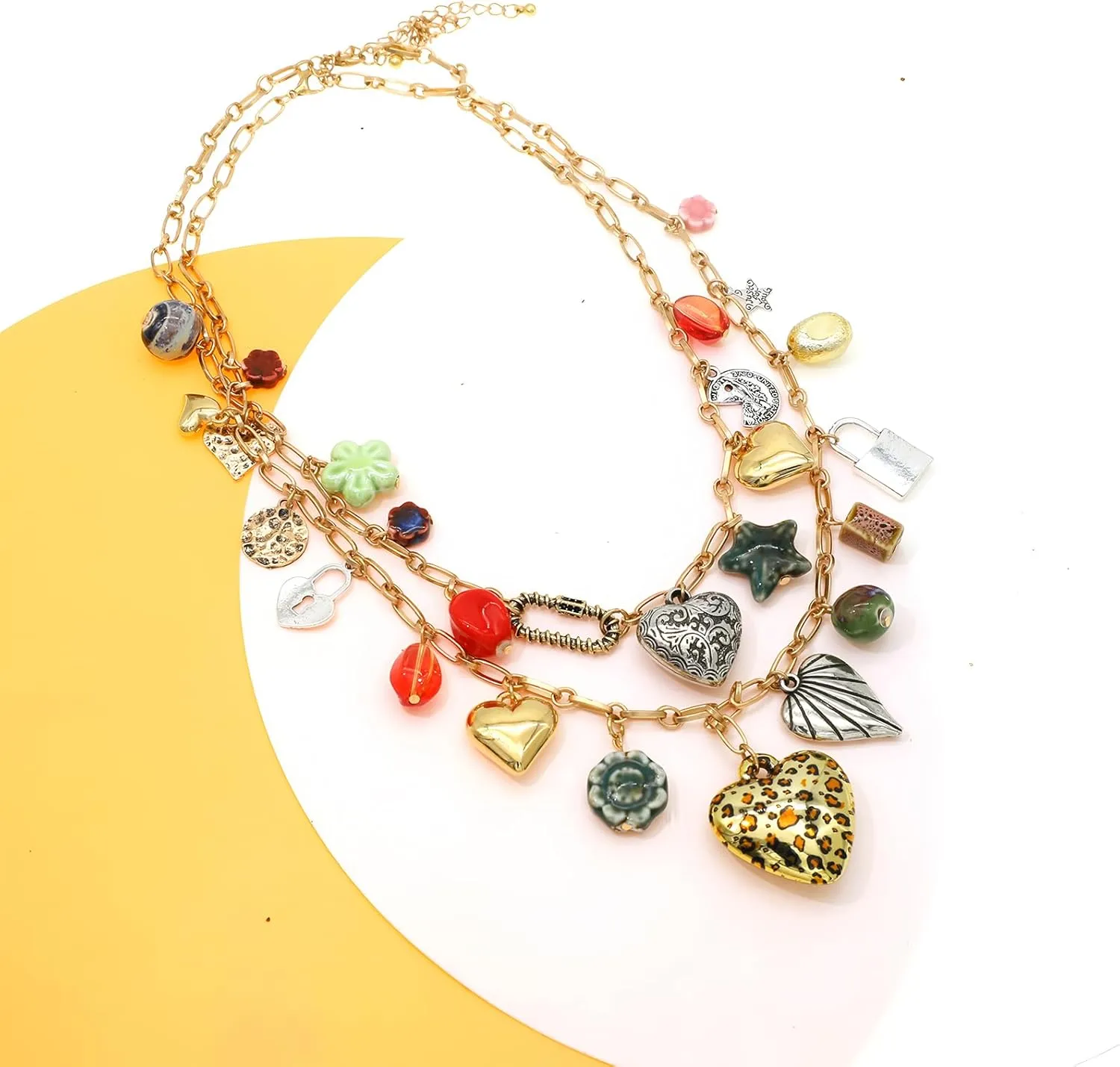 We We Chunky Antique Heart Charm Necklace for women Vintage Sun Stars Hearts Sea shell Starfish Beachy Boho Layers Charms Necklaces