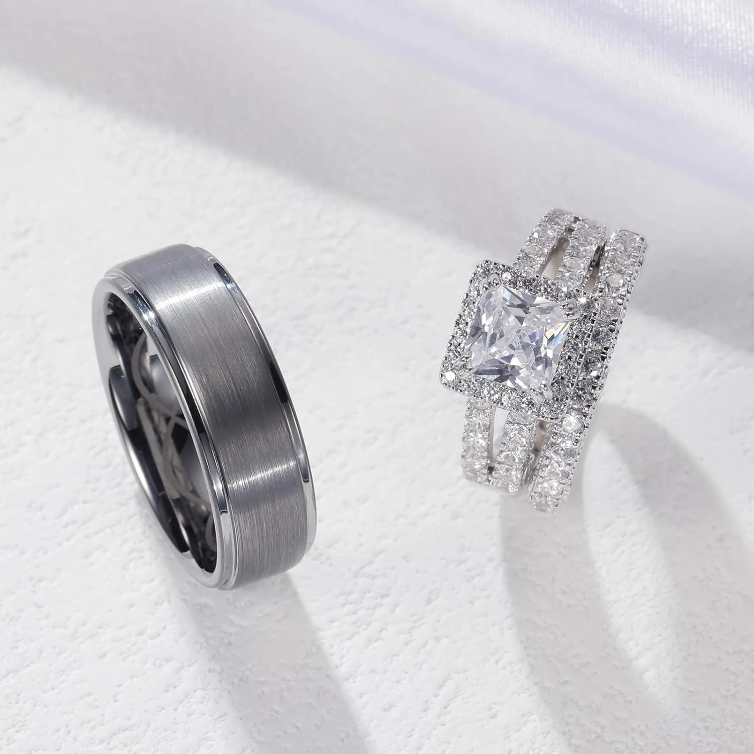 Wedding Rings for Him & Her Men's Tungsten Band & White Gold Plated 5CT Bridal Set, Princess Cut Zirconia, Halo Pave Setting, Promise Rings for Couples