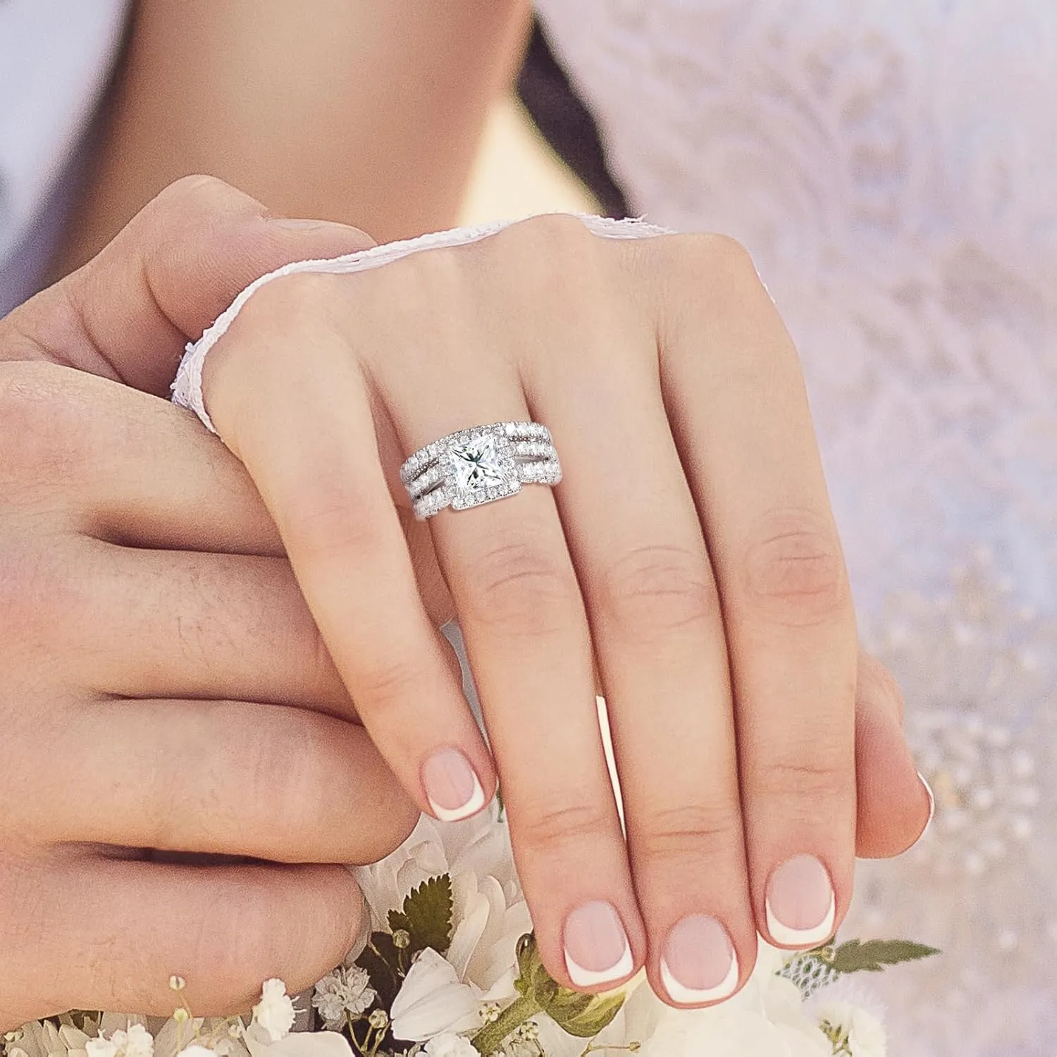 Wedding Rings for Him & Her Men's Tungsten Band & White Gold Plated 5CT Bridal Set, Princess Cut Zirconia, Halo Pave Setting, Promise Rings for Couples