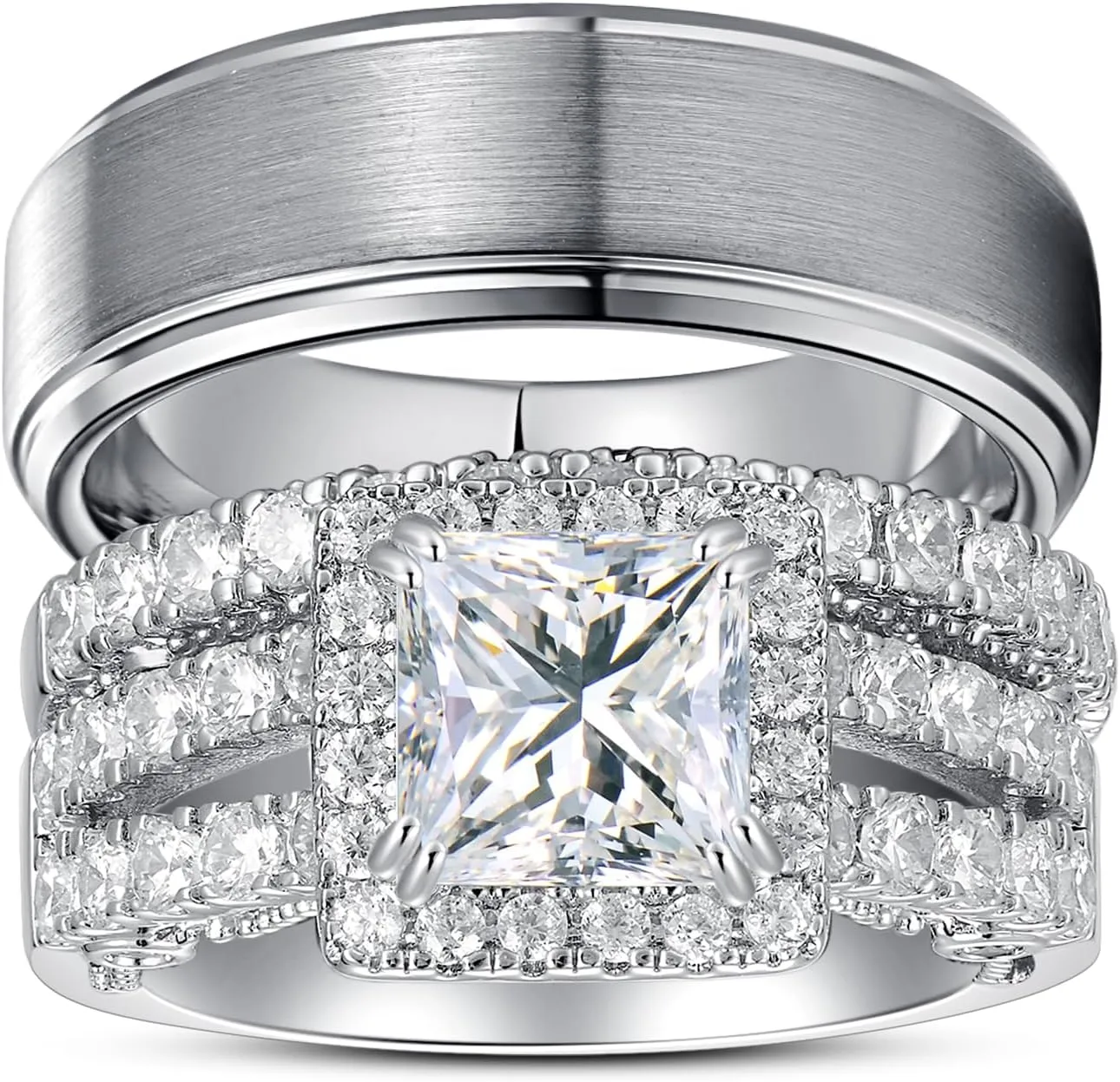 Wedding Rings for Him & Her Men's Tungsten Band & White Gold Plated 5CT Bridal Set, Princess Cut Zirconia, Halo Pave Setting, Promise Rings for Couples