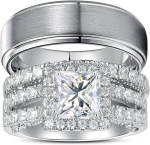 Wedding Rings for Him & Her Men's Tungsten Band & White Gold Plated 5CT Bridal Set, Princess Cut Zirconia, Halo Pave Setting, Promise Rings for Couples