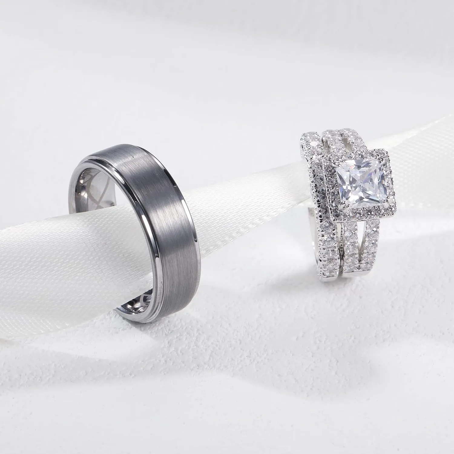 Wedding Rings for Him & Her Men's Tungsten Band & White Gold Plated 5CT Bridal Set, Princess Cut Zirconia, Halo Pave Setting, Promise Rings for Couples