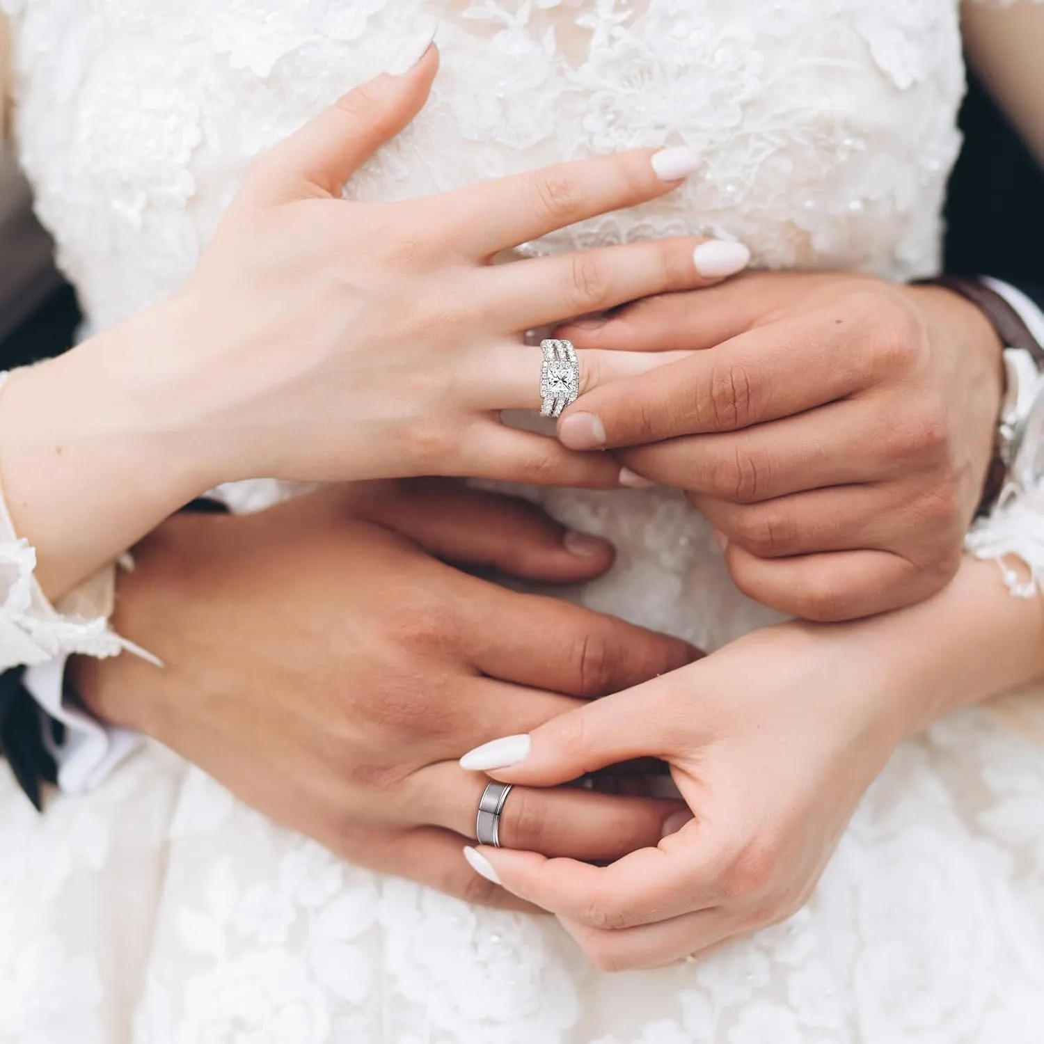 Wedding Rings for Him & Her Men's Tungsten Band & White Gold Plated 5CT Bridal Set, Princess Cut Zirconia, Halo Pave Setting, Promise Rings for Couples