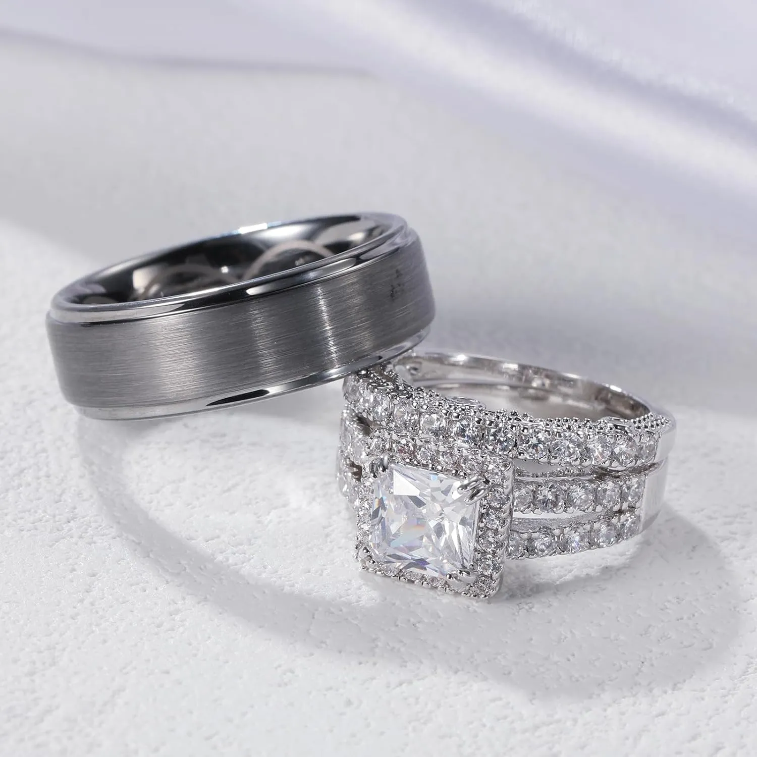 Wedding Rings for Him & Her Men's Tungsten Band & White Gold Plated 5CT Bridal Set, Princess Cut Zirconia, Halo Pave Setting, Promise Rings for Couples