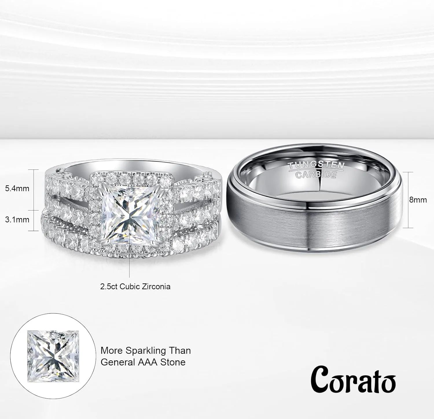 Wedding Rings for Him & Her Men's Tungsten Band & White Gold Plated 5CT Bridal Set, Princess Cut Zirconia, Halo Pave Setting, Promise Rings for Couples