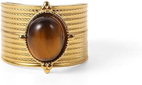 Western Captivating Tiger's Eye Stone Ring, 8 * 10mm Oval Gemstone 18K Gold Plated Stack Wide Ribbed Texture Band Statement Ring for Women Size 8