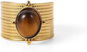 Western Captivating Tiger's Eye Stone Ring, 8 * 10mm Oval Gemstone 18K Gold Plated Stack Wide Ribbed Texture Band Statement Ring for Women Size 8
