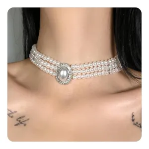White Pearl Choker, Layered Pearl Choker Necklace as Prom Costume Wedding Accessories Faux Pearl Necklace for Women, Fake Pearl Necklace Vintage Jewelry as Birthday Tea Party Outfit for Her