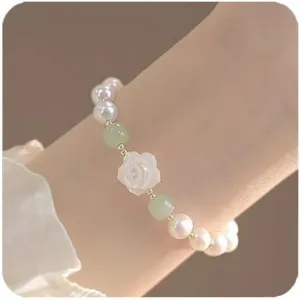 White Pearl Flower Bracelet For Women,Handmade Beaded Strenge Stretch Summer Minimalist For women Gift