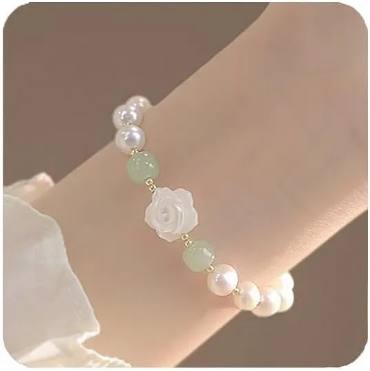 White Pearl Flower Bracelet For Women,Handmade Beaded Strenge Stretch Summer Minimalist For women Gift
