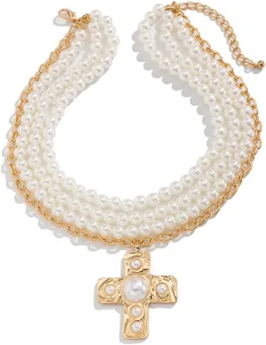 Women's Handmade Beaded Cross Layered Necklace CZ Punk Bib Collar Choker Artificial Pearls Goth Cool Trendy Statement Strand Necklace Fashion Costume Jewelry