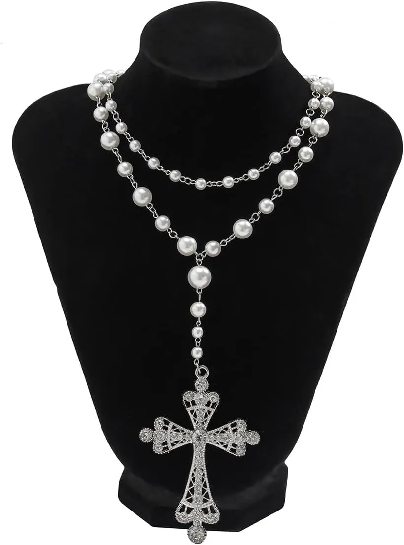 Women's Handmade Beaded Cross Layered Necklace CZ Punk Bib Collar Choker Artificial Pearls Goth Cool Trendy Statement Strand Necklace Fashion Costume Jewelry
