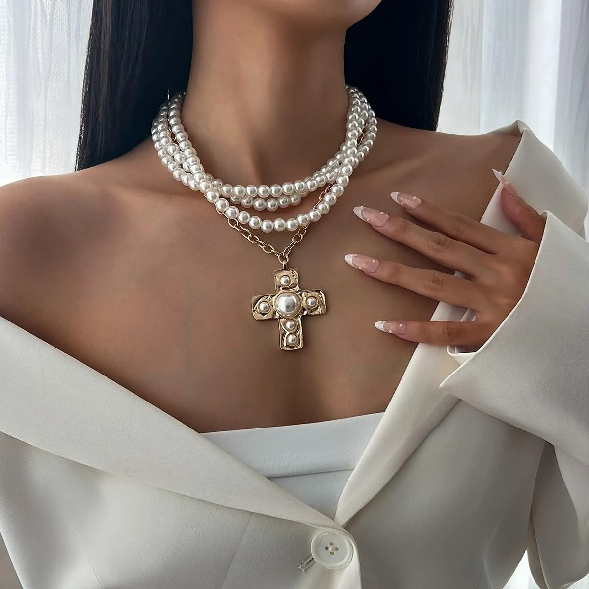 Women's Handmade Beaded Cross Layered Necklace CZ Punk Bib Collar Choker Artificial Pearls Goth Cool Trendy Statement Strand Necklace Fashion Costume Jewelry