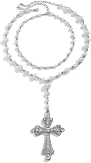 Women's Handmade Beaded Cross Layered Necklace CZ Punk Bib Collar Choker Artificial Pearls Goth Cool Trendy Statement Strand Necklace Fashion Costume Jewelry