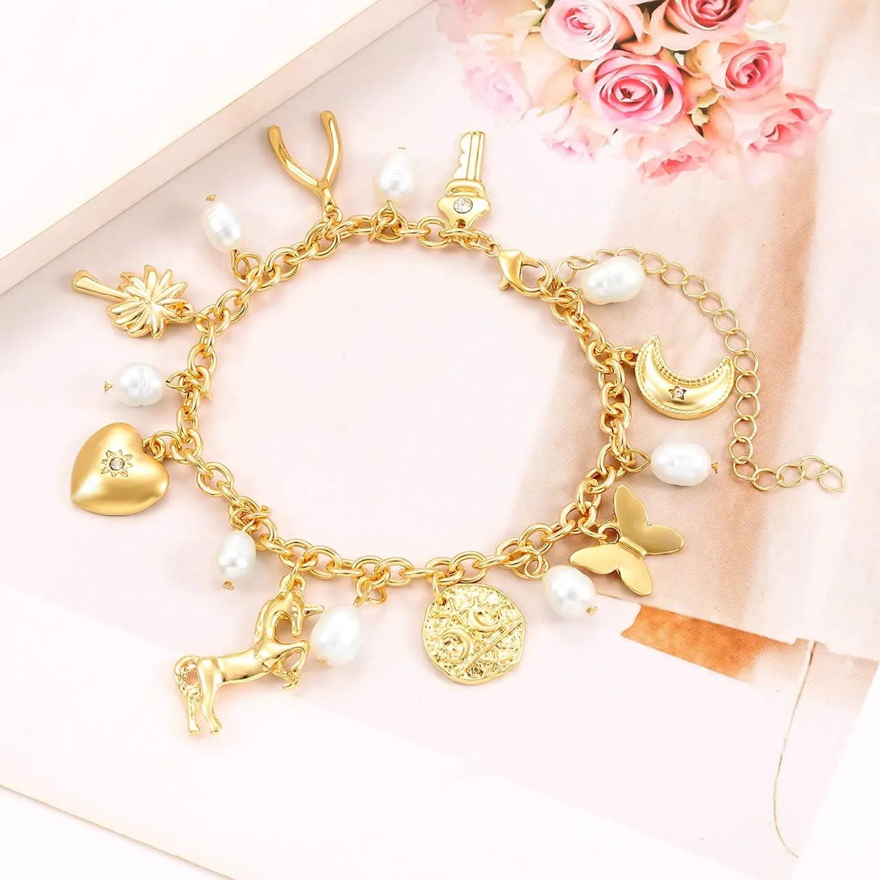 Womens Link Charm Bracelet Unicorn Butterfly Star Heart Pendant Charms Bracelet Bangles for Women