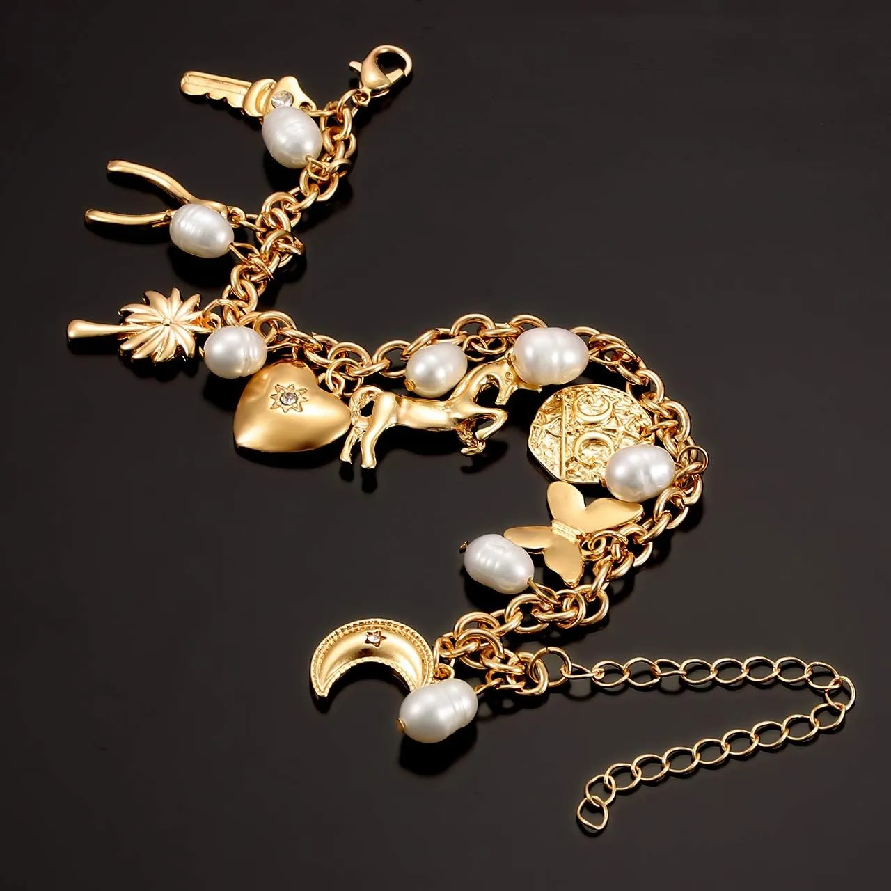 Womens Link Charm Bracelet Unicorn Butterfly Star Heart Pendant Charms Bracelet Bangles for Women
