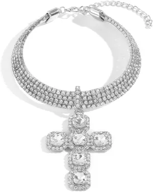 Women's Sparkly Cross Pendant Choker Tennis Rhinestones Bling Collar Necklace Vintage Party Chic Dainty Statement Necklace Fashion Costume Jewelry