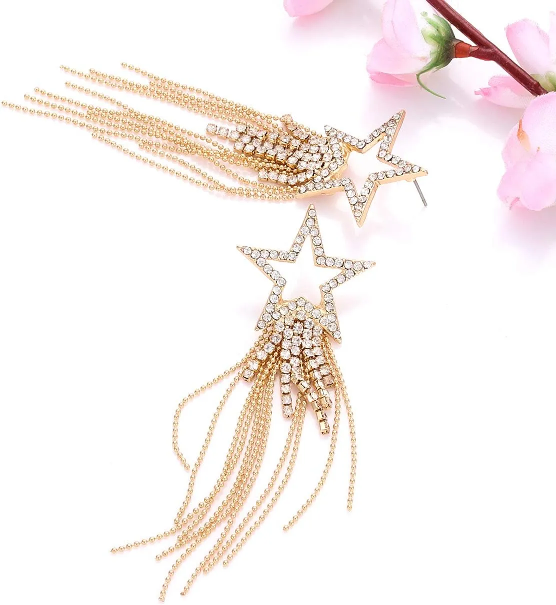 Womens Tassel Earrings Star Ear Stud Pave Crystal Dangle Earrings Boho Waterfall Beaded Fringe Drop Earring