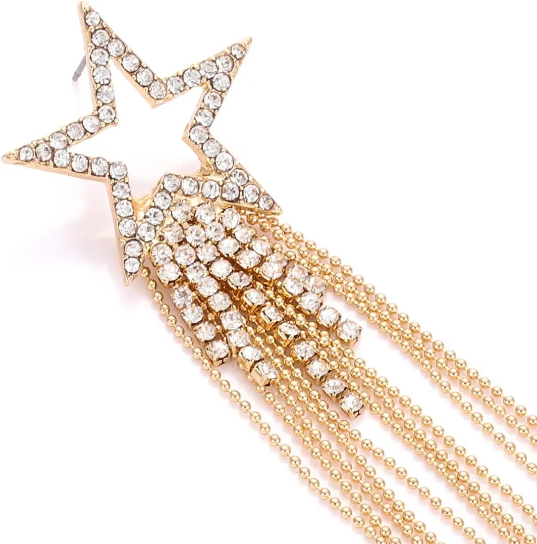 Womens Tassel Earrings Star Ear Stud Pave Crystal Dangle Earrings Boho Waterfall Beaded Fringe Drop Earring
