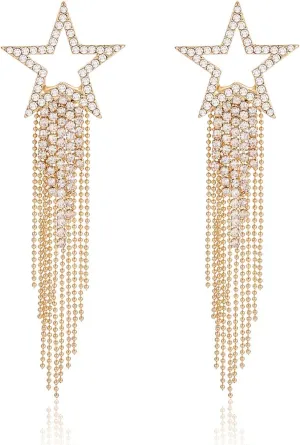 Womens Tassel Earrings Star Ear Stud Pave Crystal Dangle Earrings Boho Waterfall Beaded Fringe Drop Earring