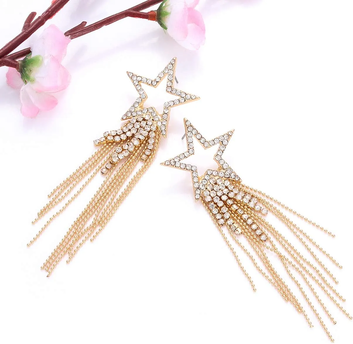 Womens Tassel Earrings Star Ear Stud Pave Crystal Dangle Earrings Boho Waterfall Beaded Fringe Drop Earring