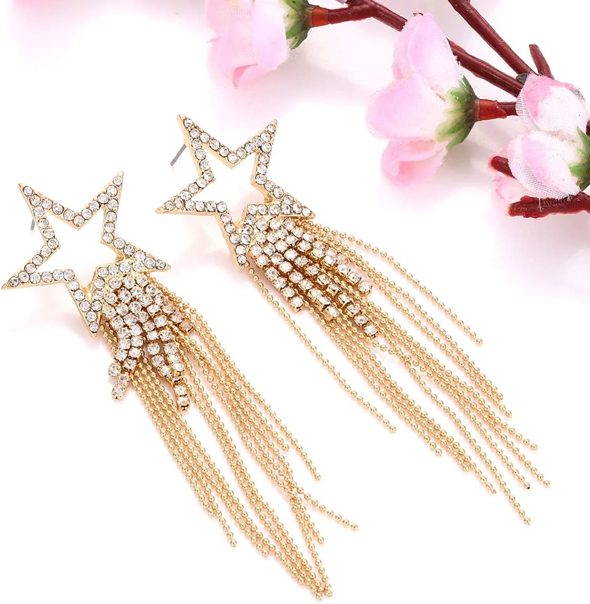 Womens Tassel Earrings Star Ear Stud Pave Crystal Dangle Earrings Boho Waterfall Beaded Fringe Drop Earring