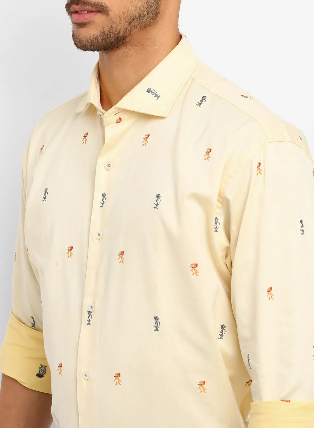 Yellow Cotton Cartoon Printed Full Sleeve Shirt